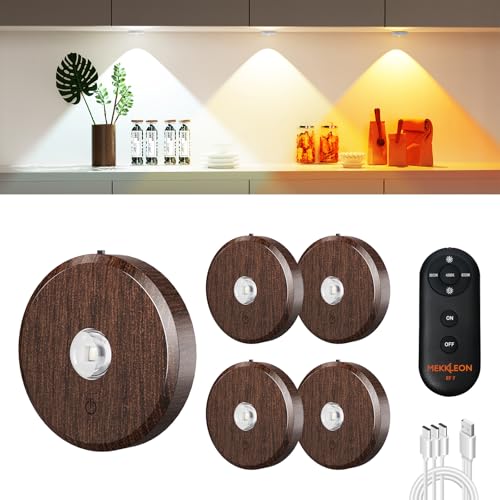 Image of Puck Lights with Remote Control Rechargeable,Wireless Under Cabinet Lighting,2000mAh Battery Operated Tap Push Touch Lights,Stick On Lights for Counter,Shelf,Bookcase (Wood Color, 5 Pcs)