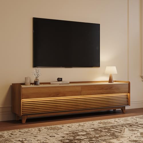 Image of POVISON Fully-Assembled Mid Century Matte Sintered Stone TV Stand with Legs, 78.74 inch Wood Media Console with Adjustable LED Light, Entertainment Center with Storage for Living Room