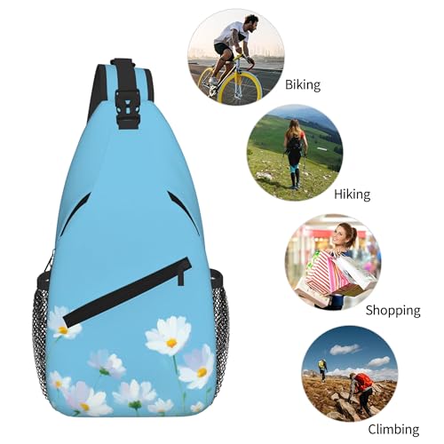Image of SUPLUCHOM Sling Bag White Flower Blue Summer Hiking Daypack Crossbody Shoulder Backpack Travel Chest Pack for Men Women