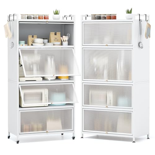 Giantex 5-Tier Kitchen Storage Cabinet, 1.6 m Tall Freestanding Metal Pantry with 4 Flip-up Doors, Rolling Microwave Stand Display Rack with Replaceable Foot Pads (White)