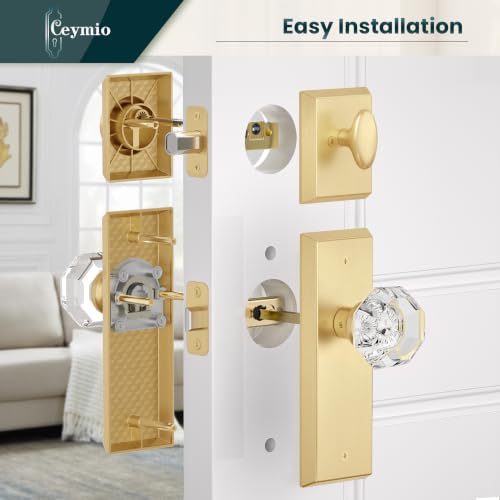 Image of Crystal Passage Knobs with Single Cylinder Deadbolt Lock, Brushed Gold
