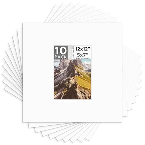 Mat Board Center, 10 Pack, 12x12 Picture Mats for 5x7 Photos - White