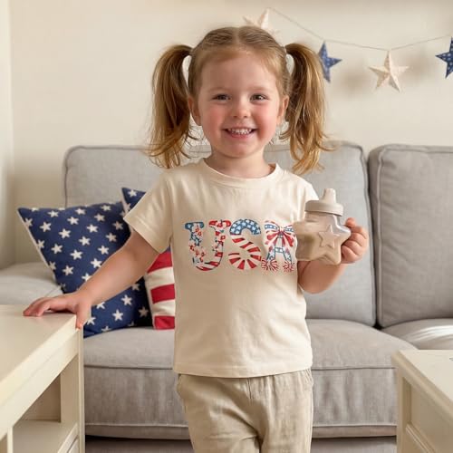Image of Kids Toddler Girls 4th of July T-Shirt Coquette Bowknot Patriotic USA 250 American Flag Independence Day Top