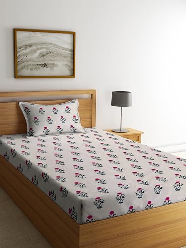 Image of NHD HOME Glace Cotton 180 TC Flat Single Bedsheets for Summer Breathable | Wrinklefree (Size-60 X 90 Inch) with 1 Pillow Covers (Size-17 X 27 Inches, Floral White Pink & Black