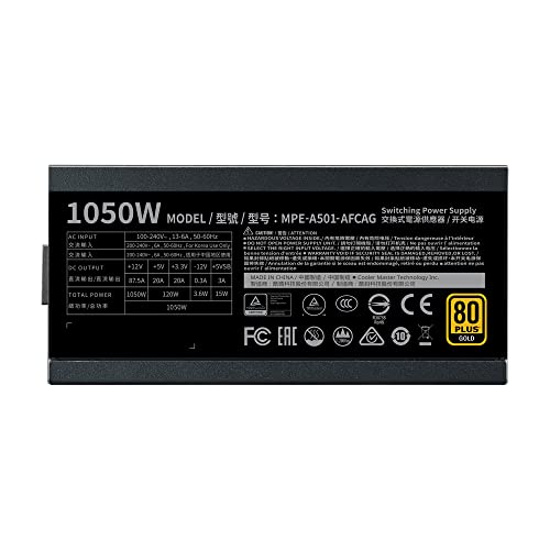 Cooler Master MWE 1050 Gold V2, Alimentation PC Entièrement Modulaire 80 Plus Gold 1050W (Prise EU), Câblage Plat Noir, Ventilateur 140mm FDB, Mode 0 RPM, Seuil de Température Élevé - Garantie 10 ans