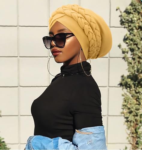 Image of DRESHOW African Women Turban Caps Cotton Beanie Twist Headscarf Pre-Tied Double Twisted Braids Wrap Hat Chemo Cancer Cap