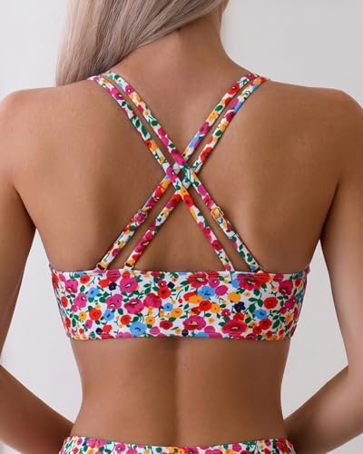 Image of Fanuerg Women's Sexy V Neck Bikini Sets Hollow Out Two Piece Swimsuits Cutout Mid Waist Bathing Suit