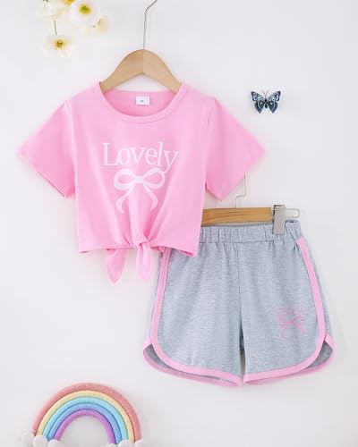 Image of Jecson Girls Summer Outfits 2Pcs Kids Clothes Girls Tie Knot Front Tops T-Shirts and Casual Short Sets 5-12Y