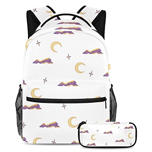 Sac à dos nébuleuse et lune multicolore avec trousse scolaire pour garçons et filles