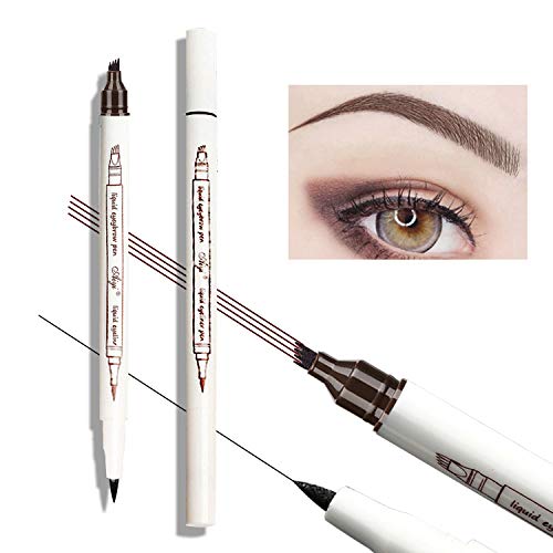 Microblading Eyebrow Pen, Eyebrow Tattoo Liquid Pen , 2 in 1 Eyeliner Pencil, Waterproof brow Pen, Natural Looking, 24h Long Lasting (Chestrut/Black Brown)