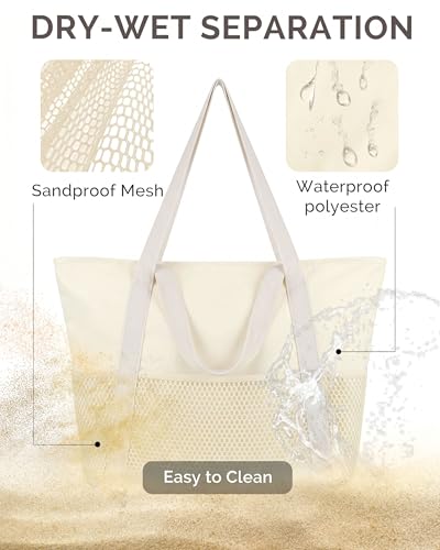 Image of HOMESPON Beach Bag Large Waterproof Sandproof Tote for Women with Zipper and Mesh Pockets