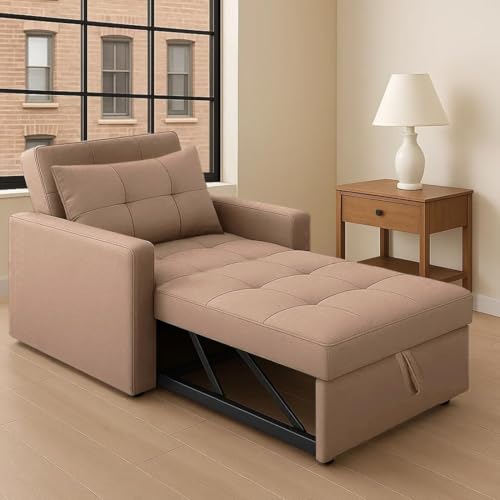 Image of FURNY Tressa 1 Seater Pull-Out Premium Fabric Sofa Cum Bed Sofa Set for Living Room in Beige Color Fabric