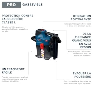Bosch PRO 18V System Aspirateur sans-fil GAS18V-6LS (avec flexible, tuyau coudé, suceur droit, suceur pour sols, adaptateur PT, tubes, sac non-tissé)
