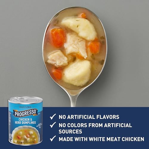 Image of Progresso Traditional Chicken & Herb Dumplings Canned Soup, 18.5 oz | Carrots, celery & chicken in rich chicken broth, 70 calories per serving, No artificial flavors, No added MSG