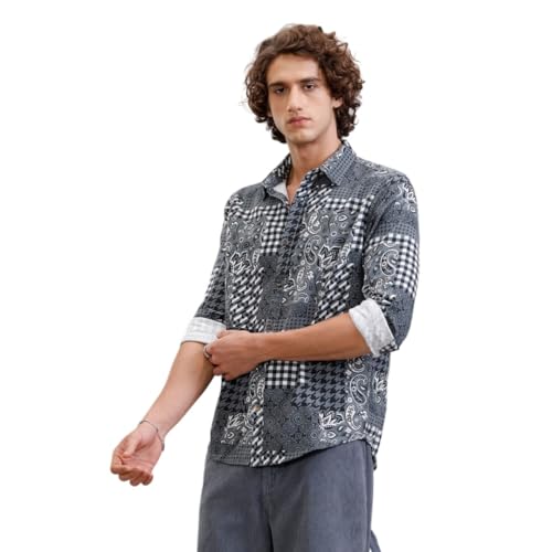 Image of WROGN Men's Cotton Corduroy Shirt | Grey Black Clash Design | Slim Fit