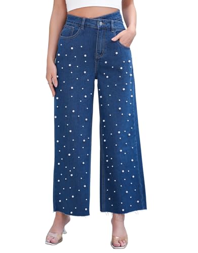 Kedera Womens High Waisted Pearl Jeans Casual Embellished Jeans Crossover Straight Leg Denim Pants with Raw Hem