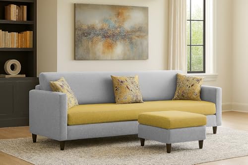 Image of Casaliving Premium Lifestyle Fabric 5 Seater L Shape Sofa Set 4 Seater Modern Sofa Set & Ottoman for Living Room (Yellow Grey Color)