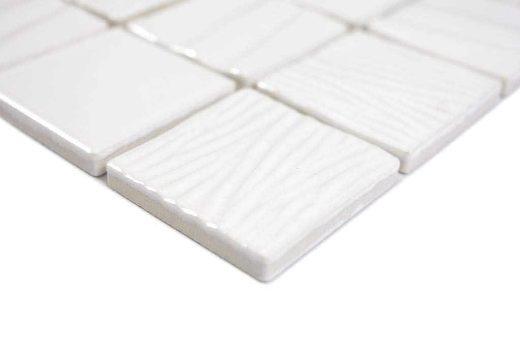 Keramik Mosaik weiss plain Wand Küche Dusche Bad Fliesenspiegel Mosaikfliese, Mattengröße: 295x295 = 0,09 qm, Steingröße: 47x47x7-8,5mm - 1 Matte