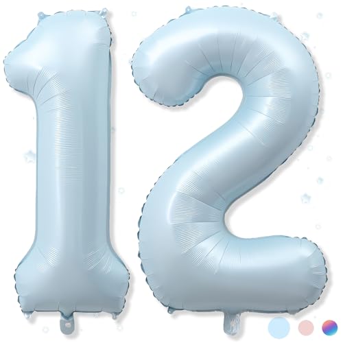 Foil 12 Balloon Light Matte Sky Blue Big Number 12 Balloons for Boys Birthday Party Decor 40 Inch Mylar Helium Number 12 Pastel Baby Blue Balloon for 12th Birthday Party Anniversary Decorations