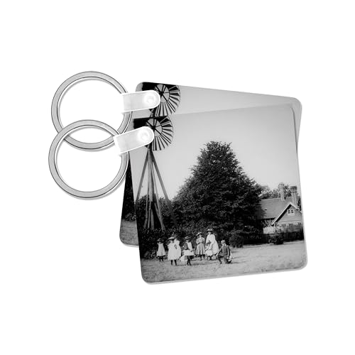 3dRose, Edwardian Children Near Windmill on Farm Vintage 1910, set of 2 Key Chains