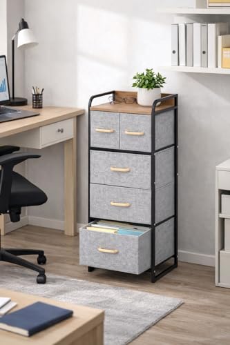 Image of Raawan 4 Layer 5 Drawer Fabric Storage Organizer with Wooden Top and Metal Frame, Modern Dresser Storage Unit for Bedroom, Living Room, Office, Kids Room & Closet, Grey (5 Drawer)