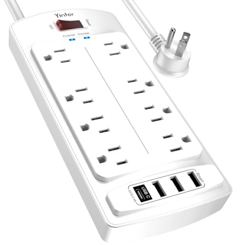 Image of Surge Protector Power Strip, Yintar 6 Feet Flat Plug Extension Cord with 8 AC Outlets and 4 USB Ports, 2700 Joules, ETL Listed, White