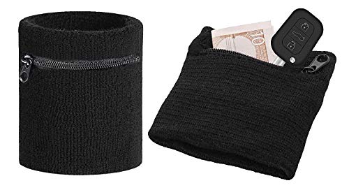 2X Muñequera Deportiva con Bolsillo /Pulsera Anti-sudor para Running, Tenis, Gym, Yoga o Ciclismo/Cierre de Cremallera para Guardar Dinero, Auriculares, Monedas o Billetes en Negro Adulto Niño Unisex