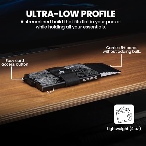 Image of CODE 118 Wallet for Men - Slim Minimalist Aluminum Smart Wallet with RFID Blocking - Compact cash and Credit card holder with Pop Up Ejector (Classic, Topographic Black)