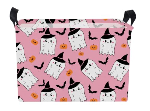 Image of NTAO Gift Storage Basket Empty for Halloween, Storage Bin with Handles, Room Decor, Book Box(Pink Ghost Bat)