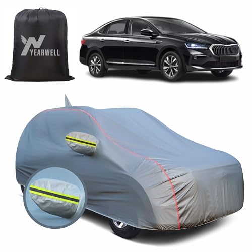 Image of Car Body Cover for Skoda Slavia, 100% Waterproof, Heat-Resistant with Mirror & Antenna Pockets, Soft Cotton Lining, Triple Stitched, Green Reflector (Metallic Grey)