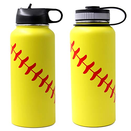 32 oz Softbal Waterfles, Flessen Sport met 2 Deksels 18/8 RVS Tumbler Dubbelwandige Vacuüm Geïsoleerd Warm/Koud (32 Oz, Geel Softbal) - Image 6
