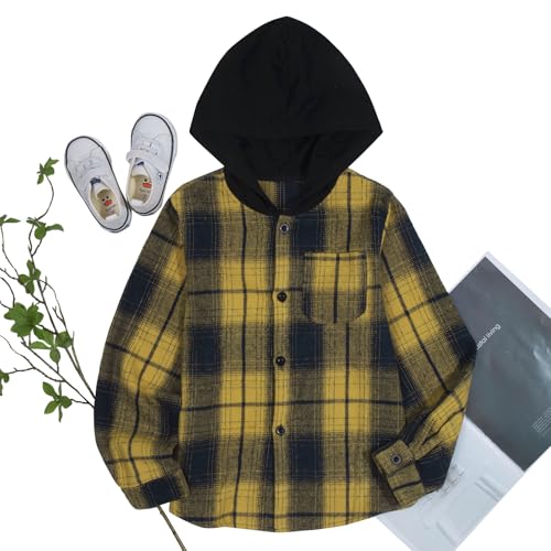 Image of Boys Girls Flannel Shirts Plaid Hoodies Fall Fashion Button Down Shirts | Long Sleeve Shirts Hooded Lightweight Jacket, Perfect for School Mornings, Leaf Piles,Camping, Bonfires, Weekend Adventures