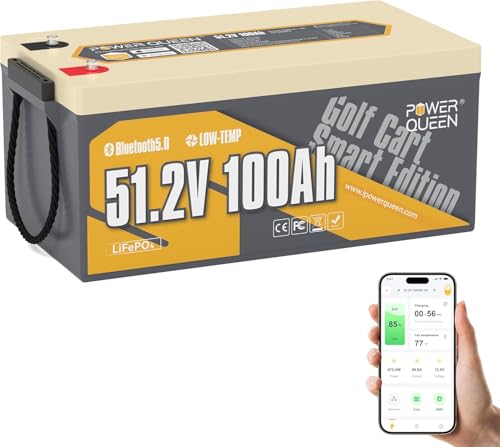 Image of Power Queen LiFePO4 Battery 48V 100Ah Lithium Golf Cart Battery, Lithium Battery with Bluetooth 5.0, Built-in 200A Smart BMS with Low-temp Protection for 5kW Motor Golf Carts Club Car DS E-Z-Go TXT