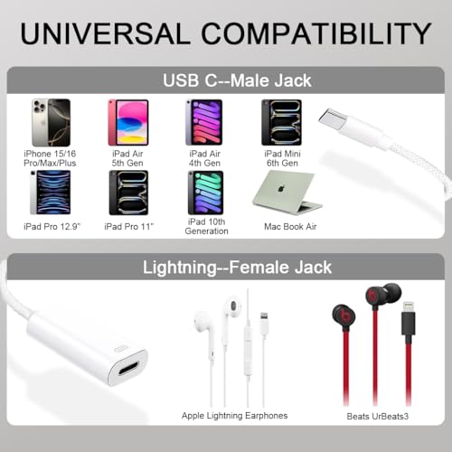 Image of ZORBES USB C to Lightning Audio Adapter and Charge Adapter,Type C Male to Female Lightning Headphone Audio Converter for Phone 16 /16 Pro /15 /15 Pro Max,iPad Pro /Air 6 /5 Compatible with Galaxy S25 /S24