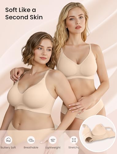 Image of Vertvie Wireless Bras for Women Full Coverage Supportive Seamless Bralettes No Underwire Push Up Comfort Soft T-Shirt Bra(2 Pack: Nude+Sand,Medium)