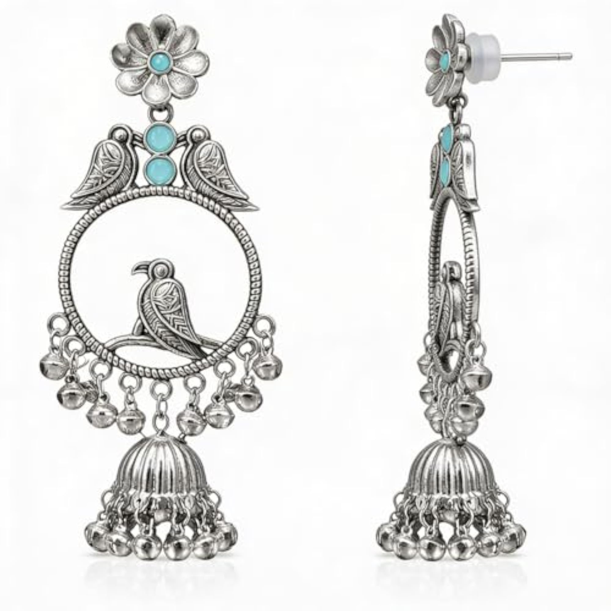 Women's Traditional Bird Motif Oxidized Jhumka Earrings