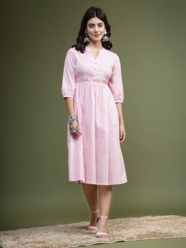Image of Rama's Women's Printed Cotton One Piece Dress | V-Neck | 3 /4 Sleeves | Empire Waist | Knee Length Casual Dress for Women