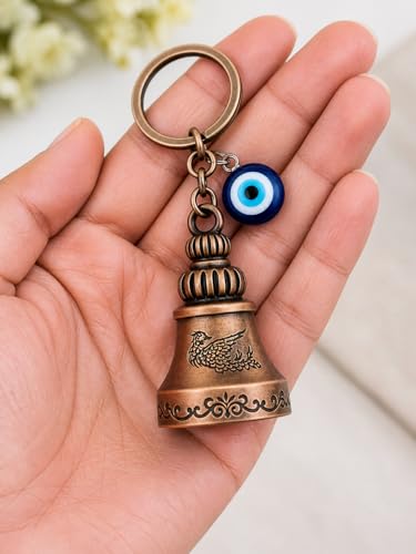 Image of Copper Evil Eye Guardian Bell Keychain, Metal Good Luck Charm with Nazar Design, for Bike & Car