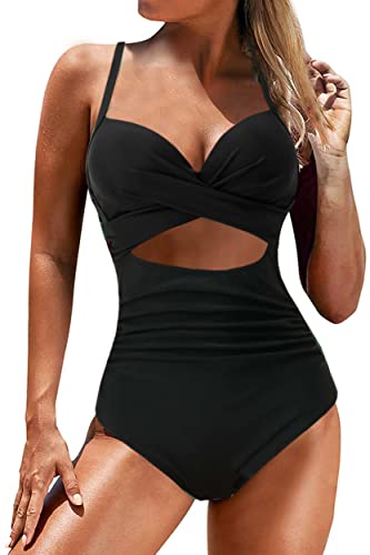JFAN Traje de baño de una Pieza de Verano para Mujer con Cintura Estrecha y Soporte Cruzado para el Pecho （Negro，M）