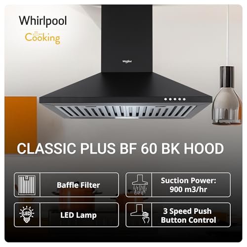 Whirlpool 60cm 900 m3/hr Baffle Filter Kitchen Chimney with 5 Years WARR on Motor | CLASSIC PLUS BF 60 BK HOOD | Black | 3 Speed Push Button Control view 2