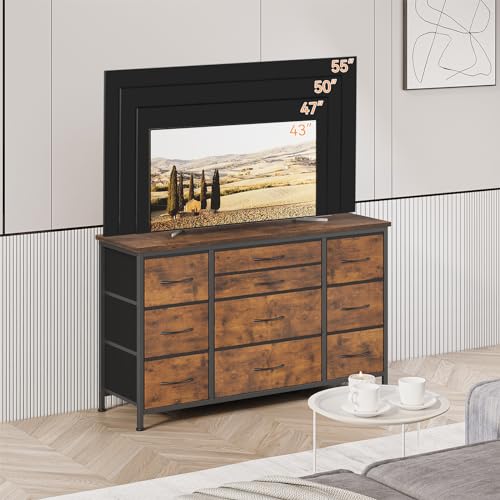 Jojoka Wide Dresser with 10 Large Drawers for 55'' Long TV Stand with Power Outlet Entertainment Center, Storage Fabric Drawer Unit for Bedroom, Closet, Entryway, Sturdy Metal Frame, Rustic Brown