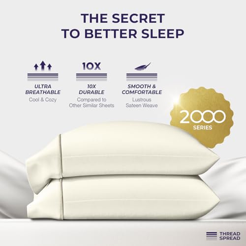 Image of THREAD SPREAD 100% Egyptian Cotton Pillow Cases Queen Size Set of 2 - Luxury 2000 Series Queen Pillow Cases (21 inch x 32 inch, Ivory), Soft Cooling Envelope Closure Hotel Quality Egyptian Cotton Pillowcases