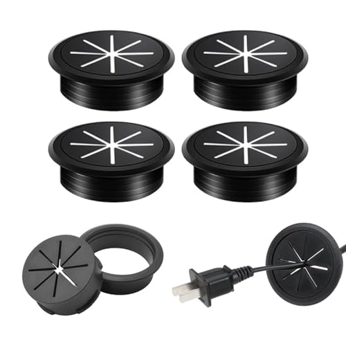 Image of 50 MM Desk Cable Grommets, ABS and Rubber, 4 Pieces, Black | Round 60 MM Covers With 40 MM Cable Opening And Removable Insert For Routing Wires Through Computer Desks And TV Cabinets