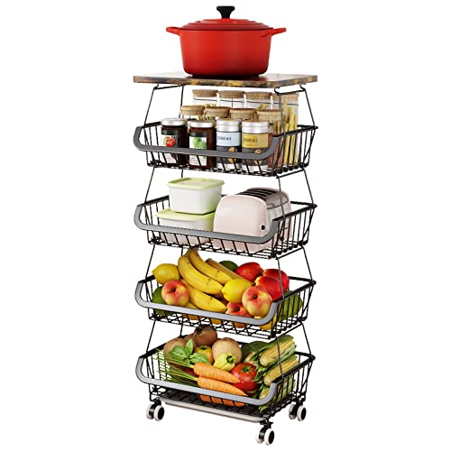 Corbeille à Fruits à 5 Niveaux Panier à Fruits et Légumes, Bac de Rangement Empilable, Support de Rangement de Fruits avec Roulettes, Panier à Légumes Chariot Utilitaire pour Garde-Manger de Cuisine