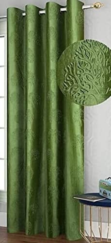 Image of Polyester Premium Tree Design Punching Screen for Home Office | Door Curtain 7 Feet Long Set of 2 | Modern Parde for Living Room Bedroom | Eyelet Rings | Green Curtains