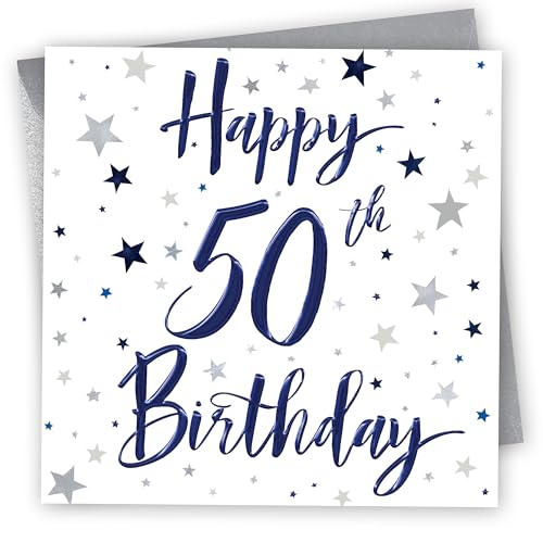 Birthday Card for 50th Birthday. Stars Design with Blue foil. 150x150mm supplied with Envelope. Eco-friendly. Made in Britain.