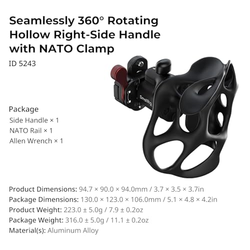 Image of SMALLRIG Seamlessly 360 Rotating Hollow Right-Side Handle with NATO Clamp, Included an NATO Rail, 15kg / 33lb Load, Quick Release for Camera Cages & Shoulder Rigs