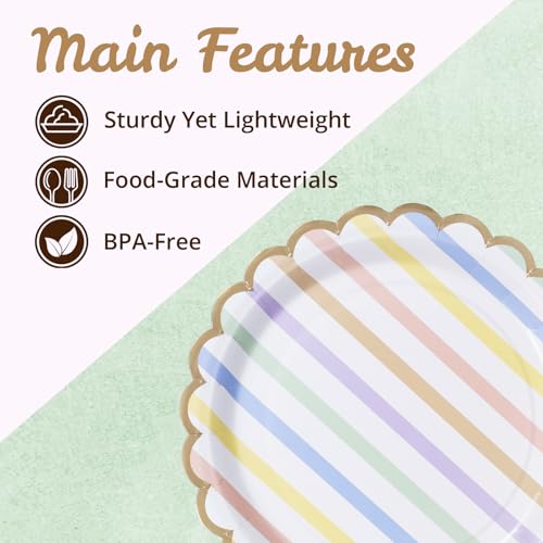 Image of Party Paper Plates, 50-Pack 9-Inch Bulk Disposable Decorative Paper Plates with Gold Scalloped Trim, Pastel Colors for Tea Party, Easter, Garden Party, and Bridal Showers, Pastel Rainbow Stripes