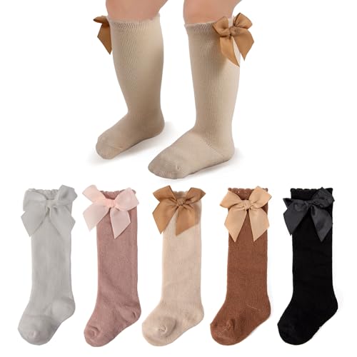 Image of LGFKJNNJ Baby Girl Knee High Socks with Bows Soft Cotton Ruffle Long Stockings Smooth Sole Infant Toddler Uniform