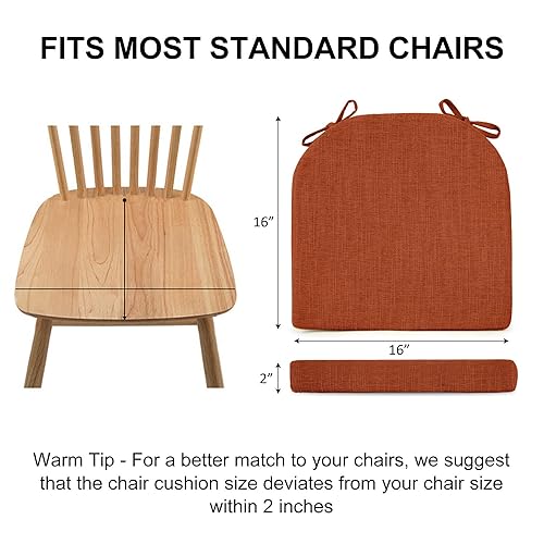 Image of Wellsin Chair Cushions for Dining Chairs 6 Pack - Kitchen Chair Cushions with Ties and Non-Slip Backing - Dining Chair Pads 16 inchX16 inchX2 inch, Orange